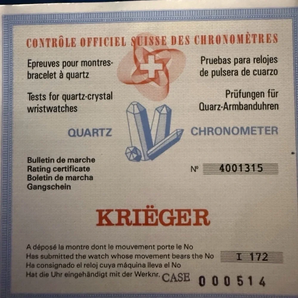 KRIEGER QUARTZ CHRONOMETER WATCH #4001315 WITH BOX & CERTIFICATES